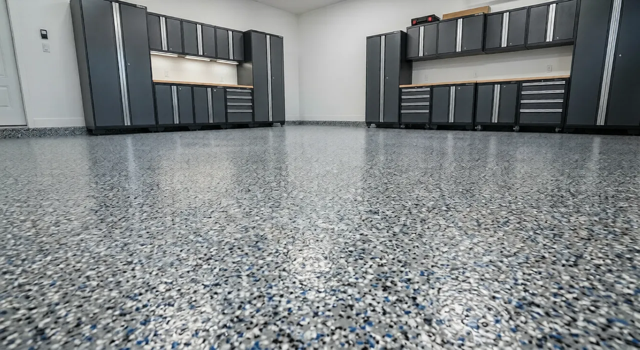 Revêtement de plancher de garage en époxy flocons gris et blanc ultra-résistant