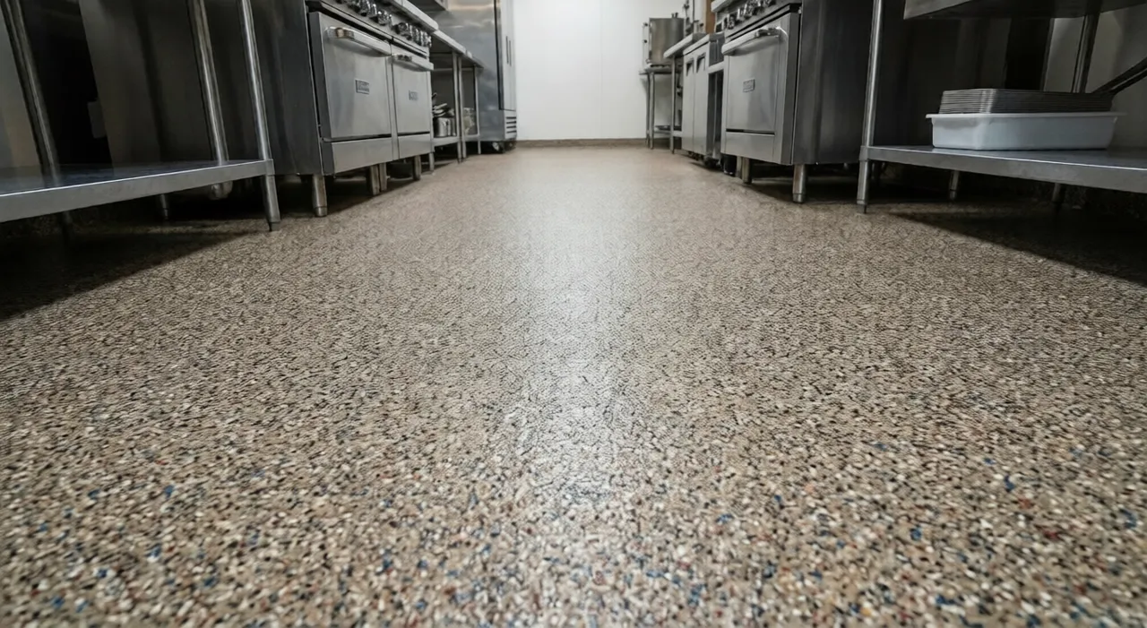 Plancher industriel antidérapant en système quartz pour cuisine commerciale