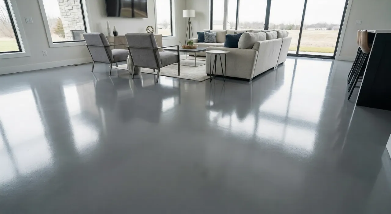 Plancher commercial en époxy couleur unie gris lisse et facile d'entretien